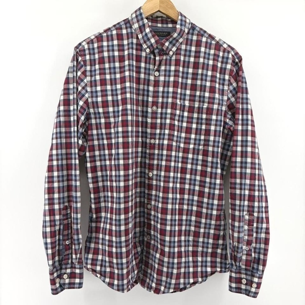 Banana Republic Grant Fit 078 Wash Shirt Red Blue Plaid Button Down Mens M - Picture 2 of 8